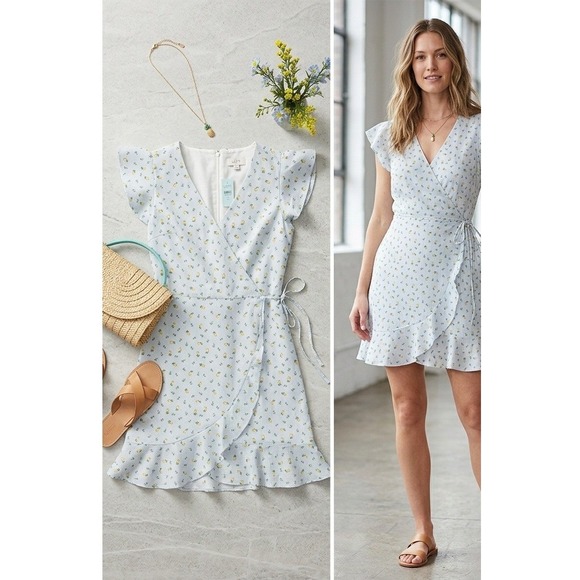 LOFT Dresses & Skirts - NWT LOFT Blue Gingham Floral Wrap Dress Flutter Sleeve Size‎ 10P